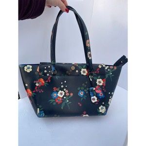 Tory Burch Pansy Bouqet Blue Floral Purse Tote Shoulder Bag